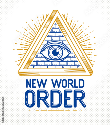 All seeing eye of god in sacred geometry triangle, masonry and illuminati symbol, vector logo or emblem design element.