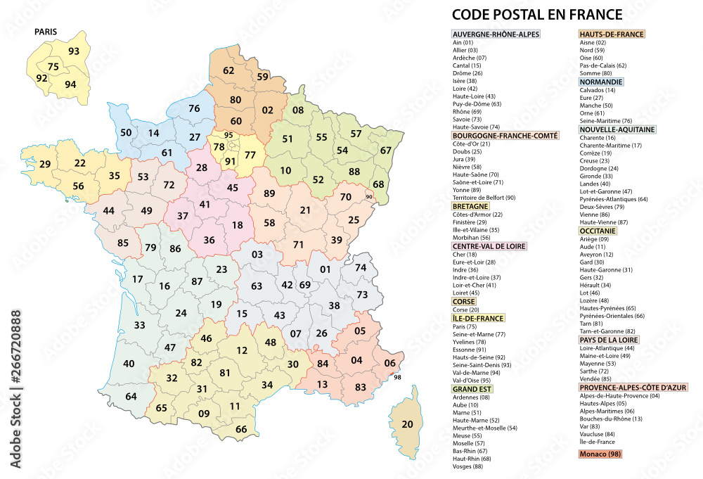 france 2 digit postcodes postal codes vector map Stock Vector | Adobe Stock