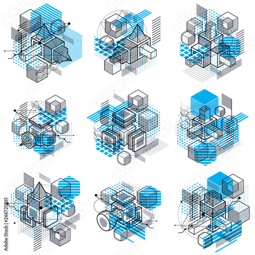 3d abstract vector isometric backgrounds. Layouts of cubes, hexagons, squares, rectangles and different abstract elements. Vector collection.