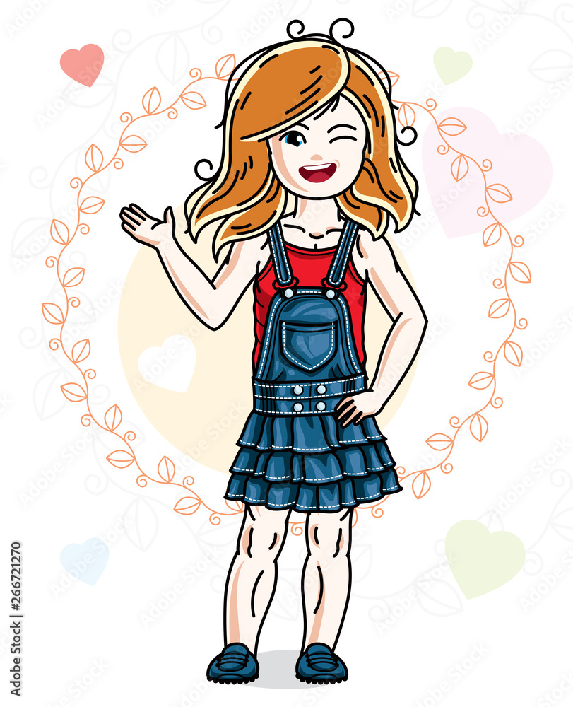 Little redhead cute child in wearing different casual clothes and standing on colorful backdrop with hearts. Vector illustration of nice girl. Little redhead cute child in wearing different casual clothes and standing on colorful backdrop with hearts. Vector illustration of nice girl.