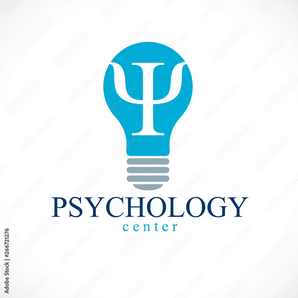 Psychology vector logo or icon with ancient Greek Psi symbol inside of idea light bulb. Psychology vector logo or icon with ancient Greek Psi symbol inside of idea light bulb.