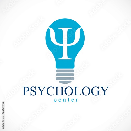 Psychology vector logo or icon with ancient Greek Psi symbol inside of idea light bulb.