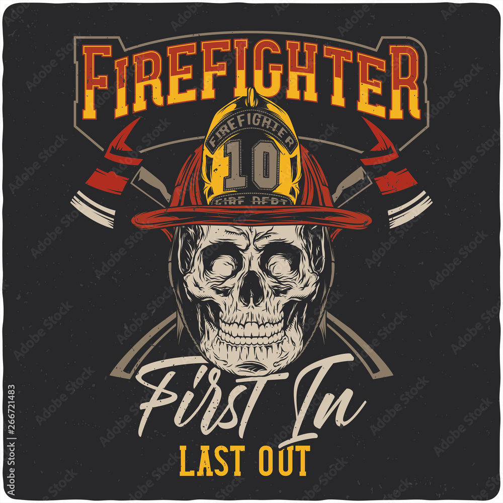 Firefighter skull. Vintage label, illustration, logotype. Vector illustration. T-shirt or poster design.