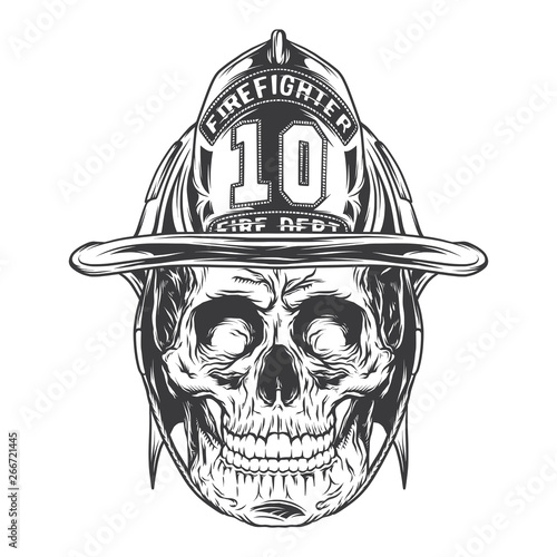 Firefighter's skull. Vintage label, illustration, logotype. Vector illustration. Isolated on white background. photo