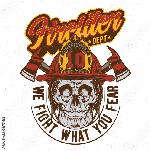 Firefighter skull. Vintage label, illustration, logotype. Vector illustration. T-shirt or poster design.