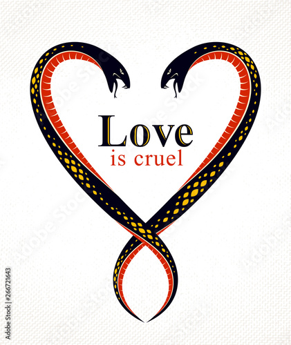 Two Snakes in a shape of heart, love is cruel concept, lovers couple arguing, quarrels in relations, vector logo emblem or tattoo in vintage classic style.