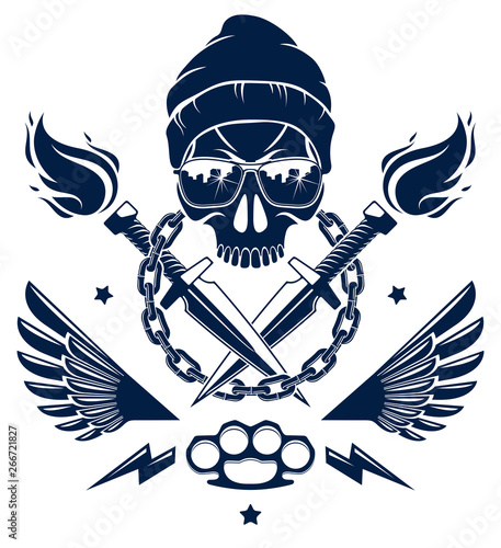 Revolution and Riot wicked emblem or logo with aggressive skull, weapons and different design elements , vector tattoo, anarchy and chaos, rebel partisan and revolutionary.