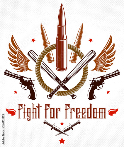 Bullets and guns vector emblem of Revolution and War, logo or tattoo with lots of different design elements, anarchy and chaos concept, criminal and gangster style, social tension theme.