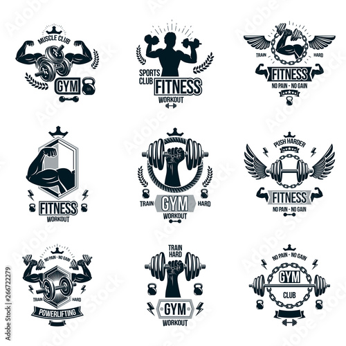 Set of vector cross fit and fitness theme emblems and motivational posters created with dumbbells, barbells, kettle bells sport equipment and muscular athlete body silhouettes.