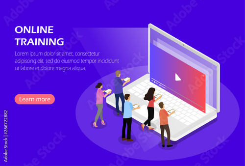 Online training, webinar, video tutorials. Concept with characters. Isometric