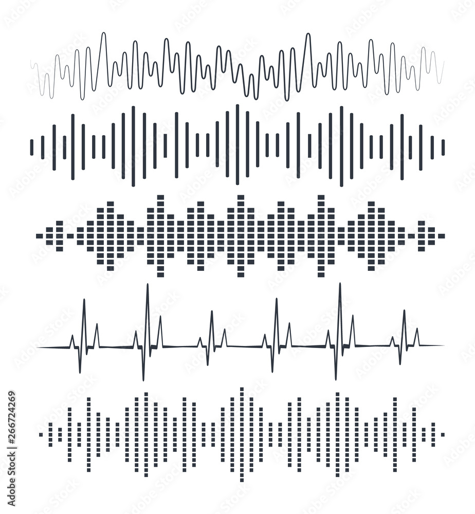 Sound waves set. Audio Player, musical pulse, equalizer. Sound waves set. Audio Player, musical pulse, equalizer.