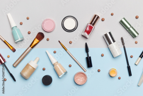 Set of decorative cosmetic on the color background