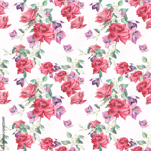 Fototapeta Naklejka Na Ścianę i Meble -  Watercolor romantic seamless pattern with roses flowers and eucalyptus leaves. Hand painted repeating background with floral elements on white. Garden style texture