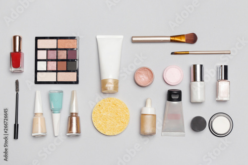 Set of decorative cosmetic on the color background