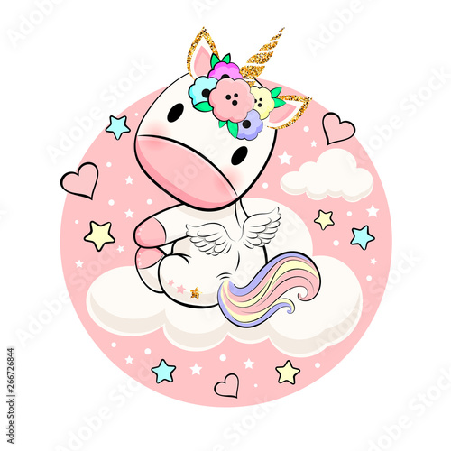 Cute baby unicorn with hearts, stars and clouds