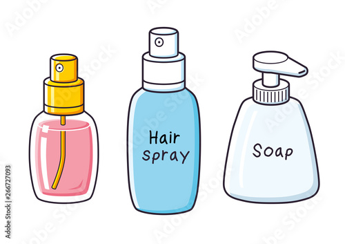 Perfume fragrance bottle, hair spray can, liquid soap isolated.