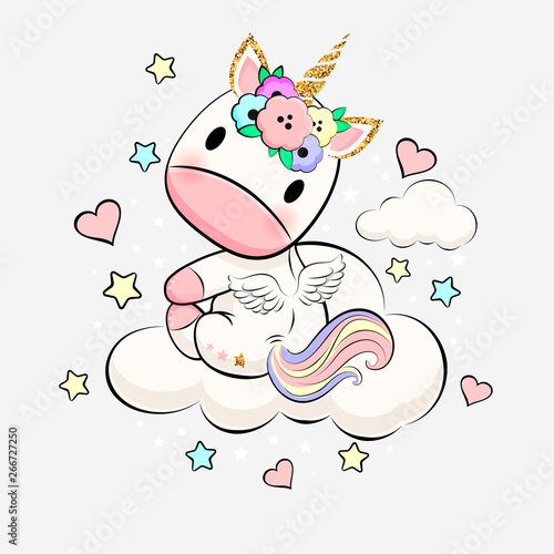 Cute baby unicorn with hearts, stars and clouds