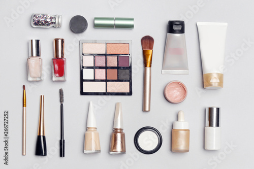 Set of decorative cosmetic on the color background