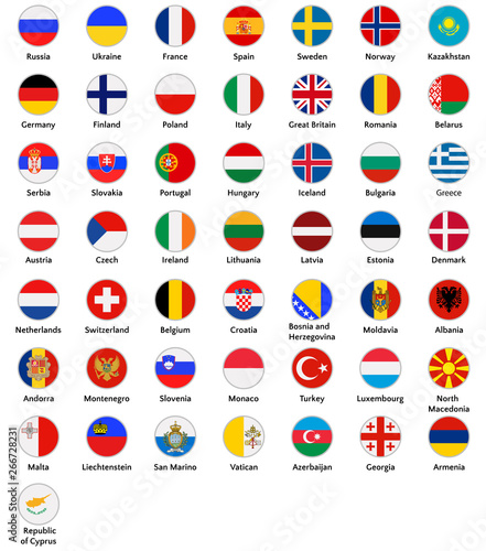 European countries icon set, flags of Great Britain, Malta, Liechtenstein, etc. Symbols in flat style