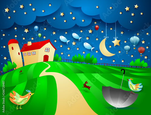 Surreal night with farm, umbrella and flying fishes