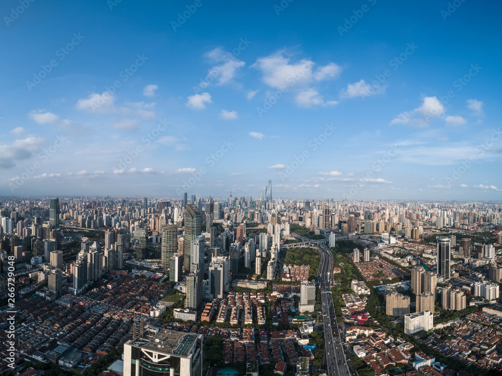 Aerial view of business area and cityscape in the afternoon, West Nanjing Road, Jing`an district, Shanghai