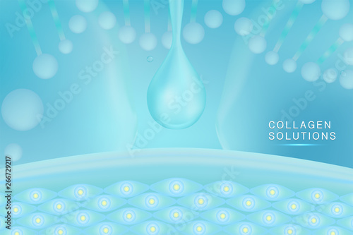 Hyaluronic acid skin solutions ad, blue collagen serum drop with cosmetic advertising background ready to use, vector illustration.	