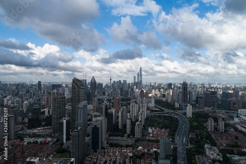 Aerial view of business area and cityscape in the afternoon, West Nanjing Road, Jing`an district, Shanghai