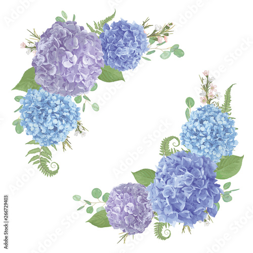 Set of wedding bouquets.Leaves, blooming branches eucalyptus, gaultheria, salal, chamaelaucium, fern.Blue, purple, flower of hydrangea.All elements are isolated and editable.Floral pastel style