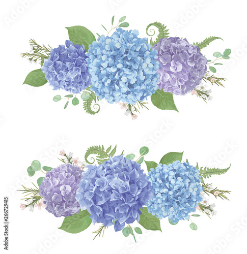 Set of wedding bouquets.Leaves, blooming branches eucalyptus, gaultheria, salal, chamaelaucium, fern.Blue, purple, flower of hydrangea.All elements are isolated and editable.Floral pastel style