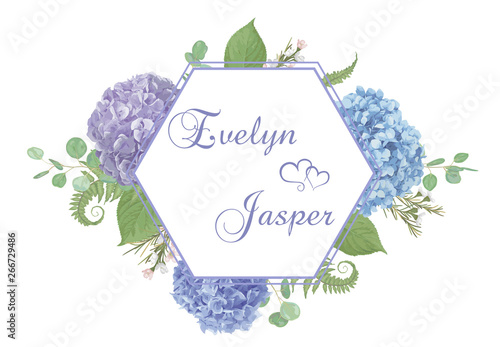 Vector design frame.Wedding, watercolor.Leaves, blooming branches eucalyptus, gaultheria, salal, chamaelaucium, seasonal fern.Blue, purple, flower of hydrangea.Floral hexagon.Isolated and editable