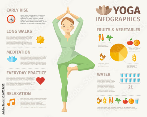 Vector yoga design food elements and woman character doing yoga. 