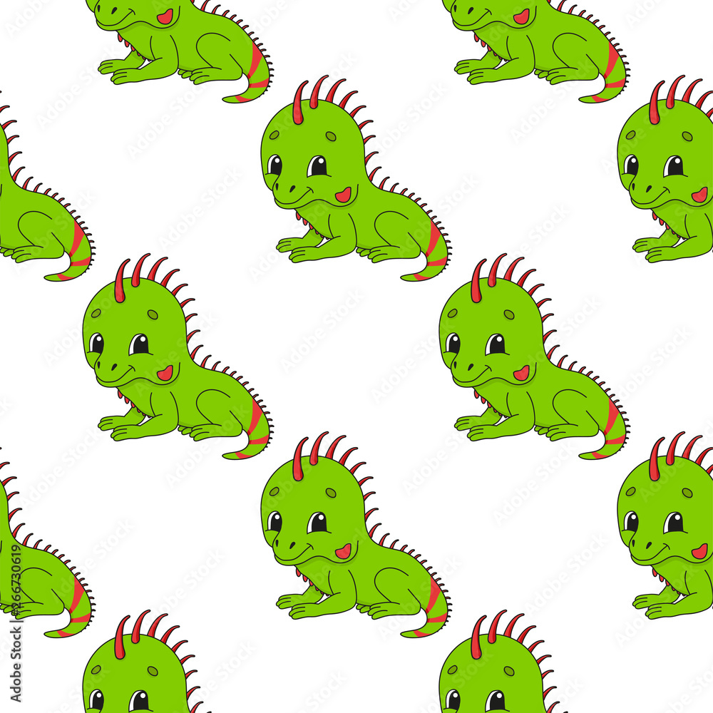 Naklejka premium Happy iguana. Colored seamless pattern with cute cartoon character. Simple flat vector illustration isolated on white background. Design wallpaper, fabric, wrapping paper, covers, websites.
