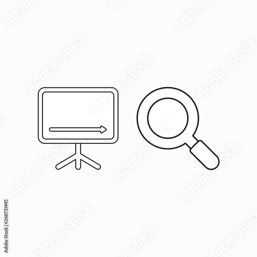 Vector icon concept of sales chart arrow moving down with magnifying glass.