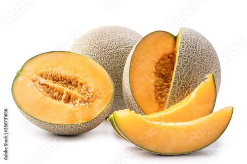 Beautiful tasty sliced juicy cantaloupe melon, muskmelon, rock melon isolated on white background, close up, clipping path, cut out.