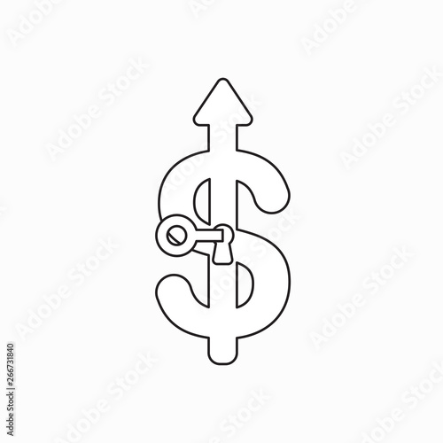 Vector icon concept of key unlock or lock dollar symbol with arrow moving up.