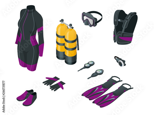 Isometric Scuba gear and accessories . Equipment for diving. IDiver wetsuit, scuba mask, snorkel, fins, regulator dive icons Underwater activity diving equipment and accessories Underwater sport