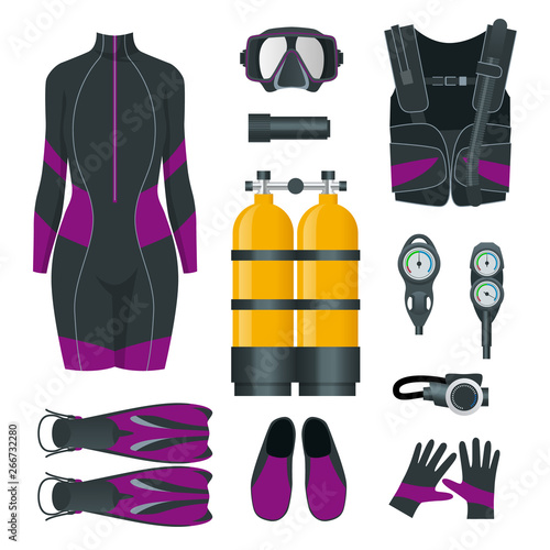 Woman's Scuba gear and accessories. Equipment for diving. IDiver wetsuit, scuba mask, snorkel, fins, regulator dive icons. Underwater activity diving equipment and accessories. Underwater sport.