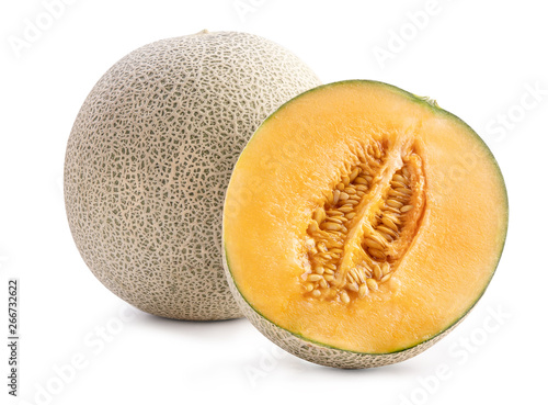 Beautiful tasty sliced juicy cantaloupe melon, muskmelon, rock melon isolated on white background, close up, clipping path, cut out.