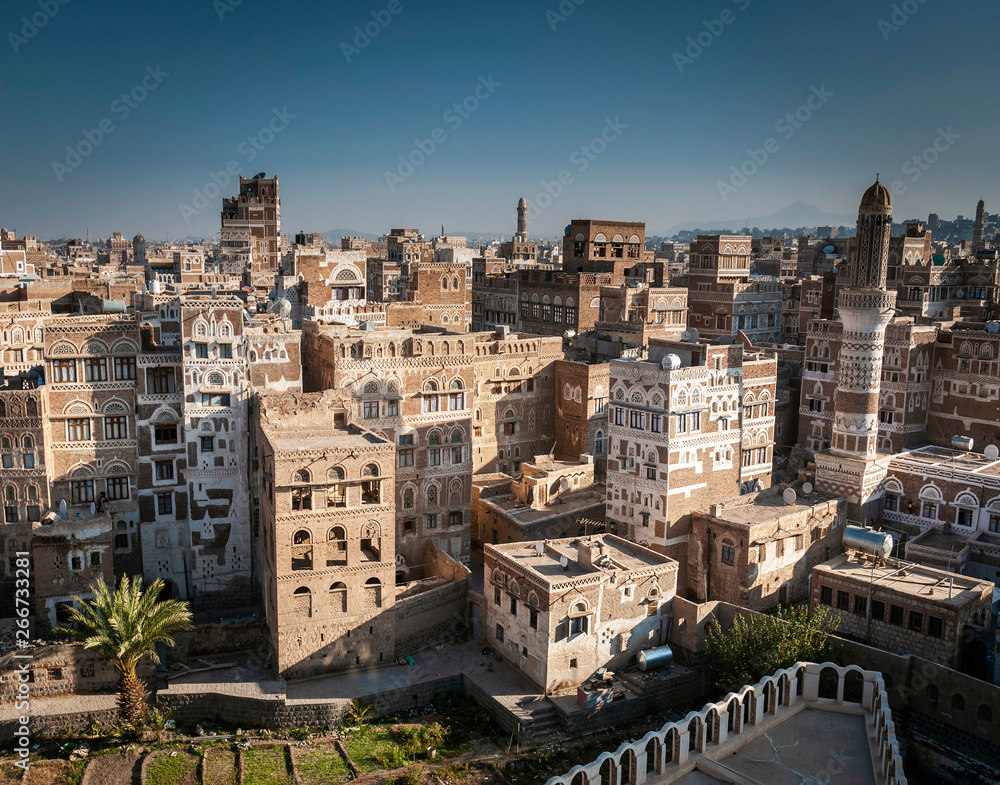 view of sanaa city old town architecture skyline in yemen
