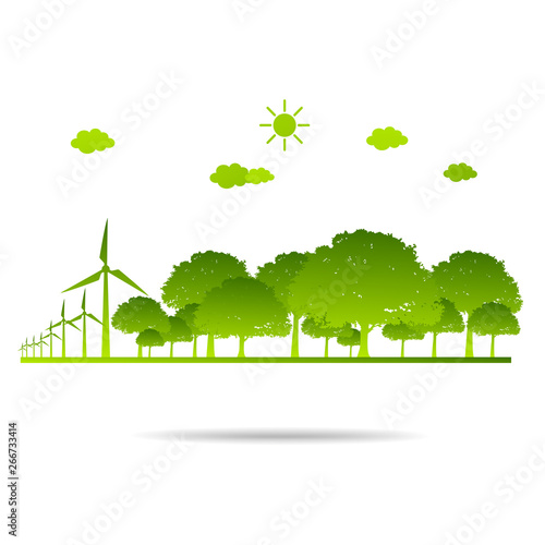 Ecology concept with green city on earth. sustainable development World environment concept, vector illustration