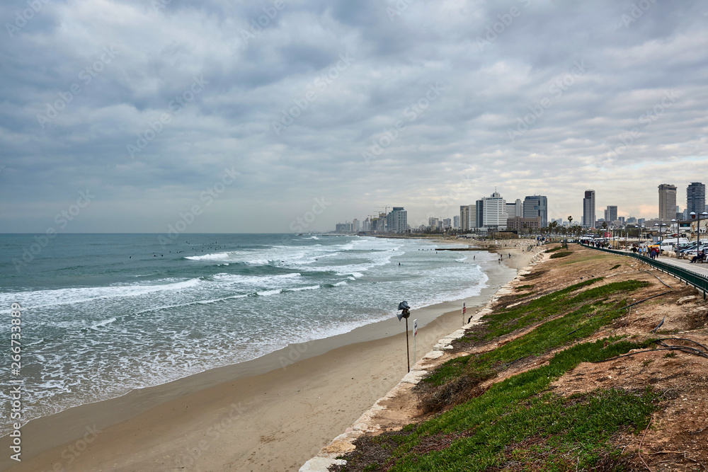 Israel. Tel Aviv. Winter beach. Surfers