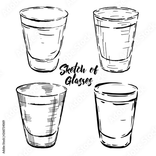 Set of vector illustration of stemware. Glasses for alcohol and water. Engraving style
