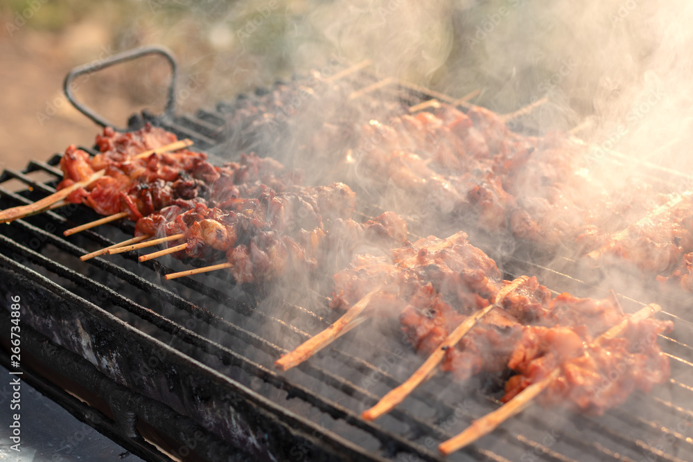 Grilled chicken skewers with smoke.