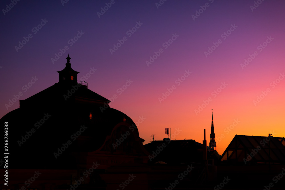 Profile of the roofs of the city at sunset