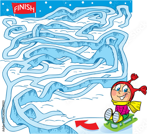 In vector illustration puzzle  maze  how to help a child on a sled to get there finish line