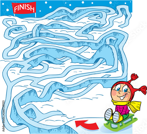 In vector illustration puzzle, maze, how to help a child on a sled to get there finish line