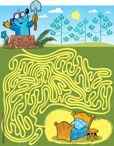 In the vector illustration puzzle maze, help the mole get home