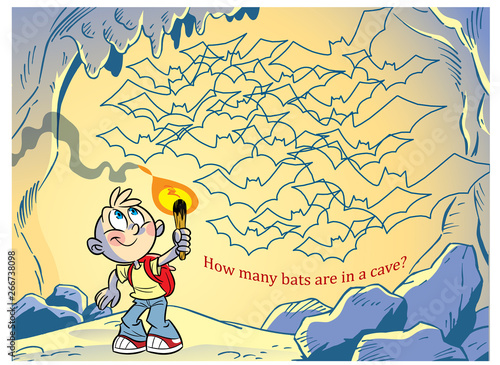 Vector illustration puzzle how many bats in the cave. Ready design template for your project.