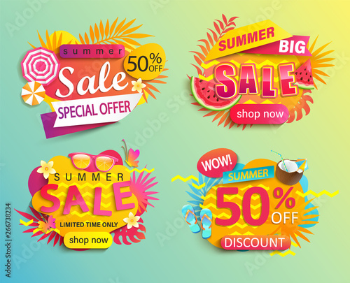 Set of summer sale and discount stickers.Limited time promotion and special offer banner.Invitation for online shopping with 50 percent price off,template for design.Clearance for Mid or end of season