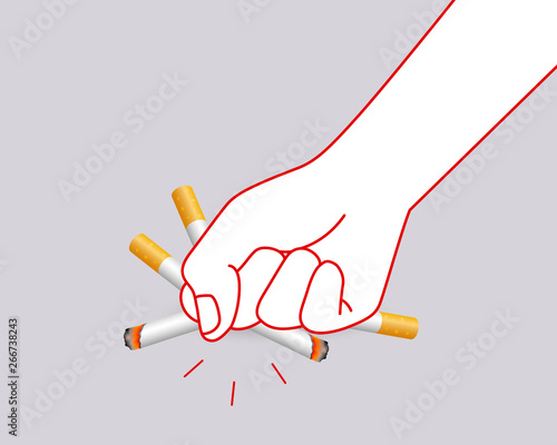 Human hands crushing cigarette. Quitting smoking concept.  World No Tobacco Day. Illustration isolated on gray background.